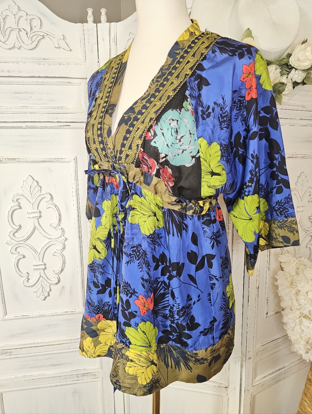 Johnny Was 100% Silk Floral Tunic Top Kimono Blouse